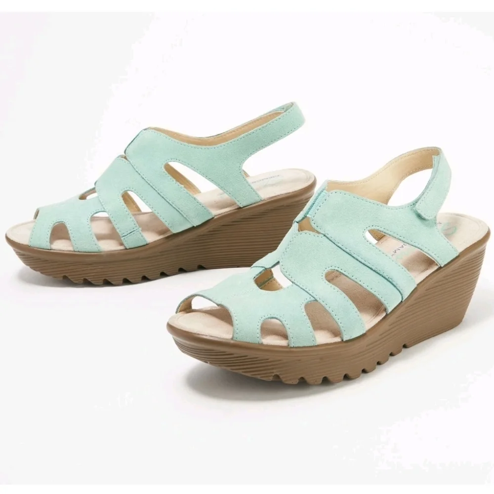 SKECHERS Shoes 9 STYLIN Memory Foam Mint Platform Wedge Slingback Suede NEW